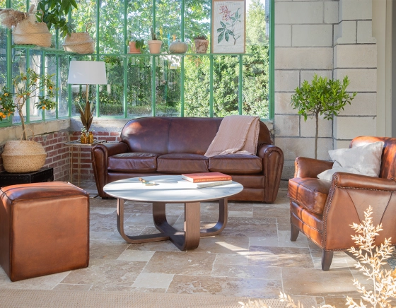 Round coffee table in oak and ceramic with dark brown stained wood white marble effect ceramic top 100 cm