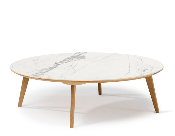 Table basse ronde F1 en chêne et céramique bois teinte naturelle plateau céramique effet marbre blanc M1 60x60x30 cm
