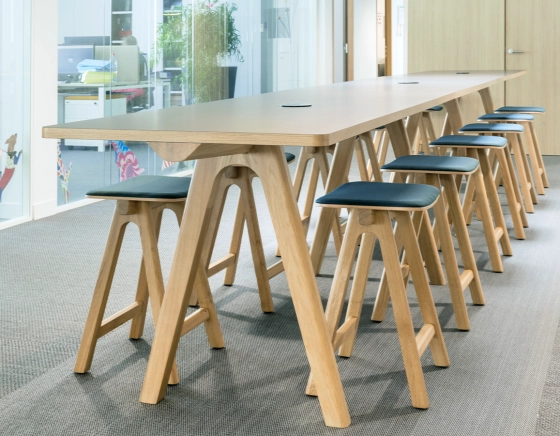 Upholstered oak bar stool H60 cm natural stained wood, ocean blue fabric seat