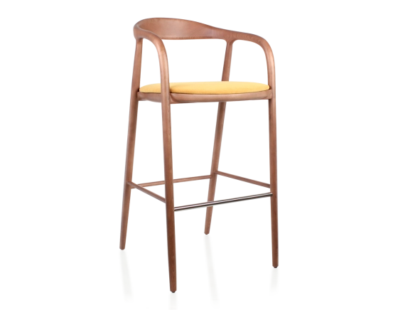 Tabouret de bar h80 cm teinte noyer assise tissu jaune bois teinte noyer et tissu jaune
