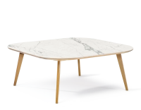 Table basse carré aux angles arrondis F2 en chêne et céramique bois teinte naturelle plateau céramique effet marbre blanc 90x90x40 cm