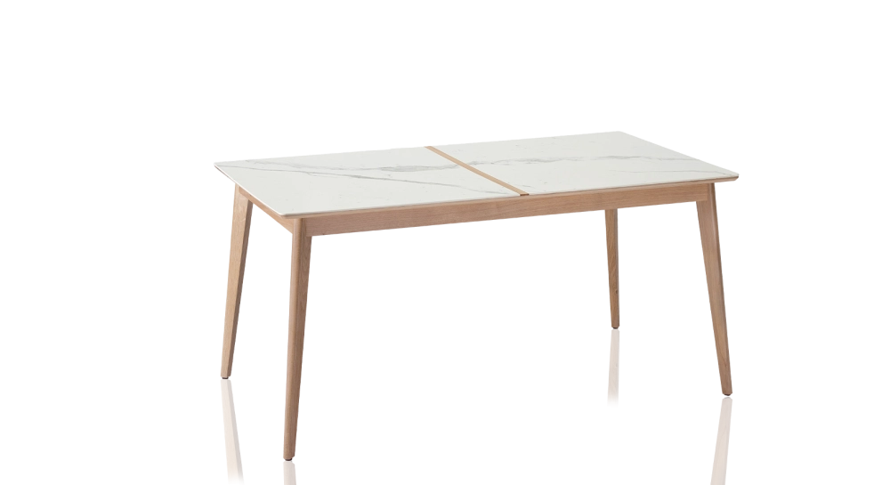 Table extensible 8 à 14 personnes en chêne et céramique allonges bois avec bois teinte naturelle et plateau céramique effet marbre blanc 210x100 cm Table extensible 8 à 14 personnes en chêne et céramique allonges bois avec bois teinte naturelle et plateau céramique effet marbre blanc 210x100 cm