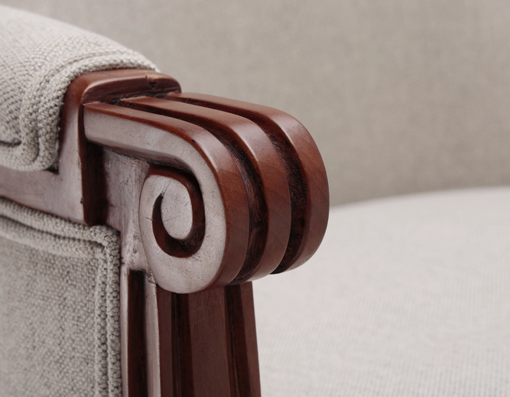 Louis XVI style bergère armchair wood antique stain and natural beige fabric Louis XVI style bergère armchair wood antique stain and natural beige fabric