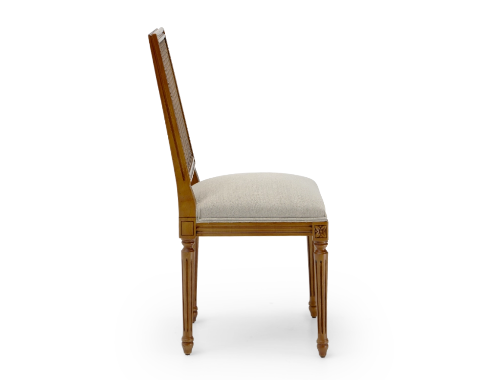Chaise ancienne style Louis XVI dossier canné assise tissu beige naturel Chaise ancienne style Louis XVI dossier canné assise tissu beige naturel