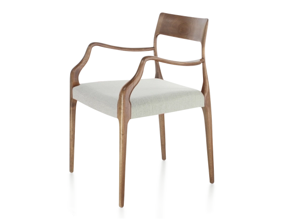 Chaise scandinave avec accoudoirs bois teinte noyer assise tissu beige naturel
