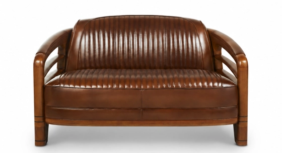 Canapé club bois et cuir 2 places marron vintage