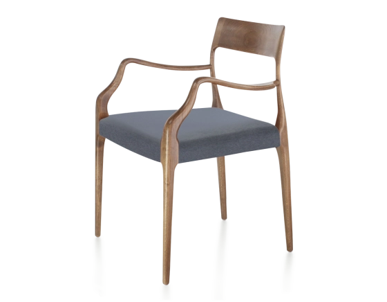 Scandinavian armchair with armrests walnut-stained wood, grey fabric seat