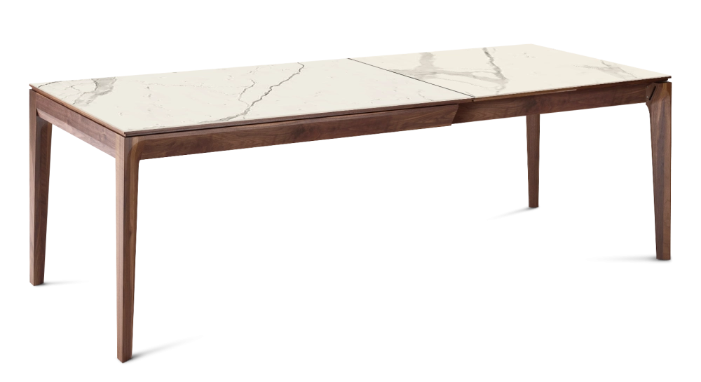 Table extensible 8 à 12 personnes en noyer et céramique allonges céramique avec bois teinte naturelle et plateau et allonges céramique effet marbre blanc 180x100 cm