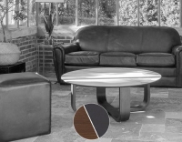 Round coffee table in oak and ceramic with dark brown stained wood, plain black ceramic top 120 cm Round coffee table in oak and ceramic with dark brown stained wood, plain black ceramic top 120 cm