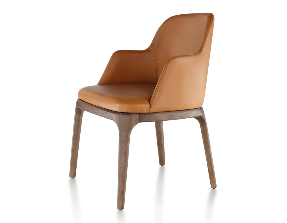 Chaise design avec accoudoirs bois teinte marron foncé et cuir caramel Chaise design avec accoudoirs bois teinte marron foncé et cuir caramel