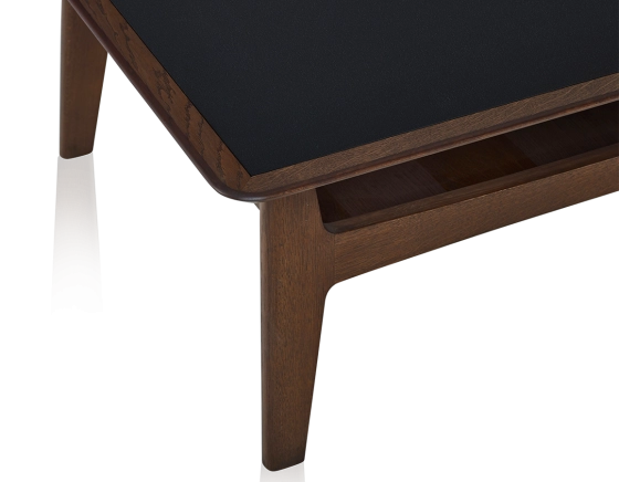 Square coffee table in oak and ceramic with dark brown stained wood, plain black ceramic top 100x100 cm