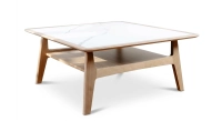 Table basse carrée en chêne et céramique avec bois teinte naturelle plateau céramique effet marbre blanc 120X120 cm