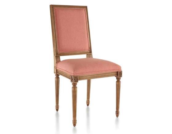 Antique Louis XVI style chair wood in antique stain and coral pink fabric