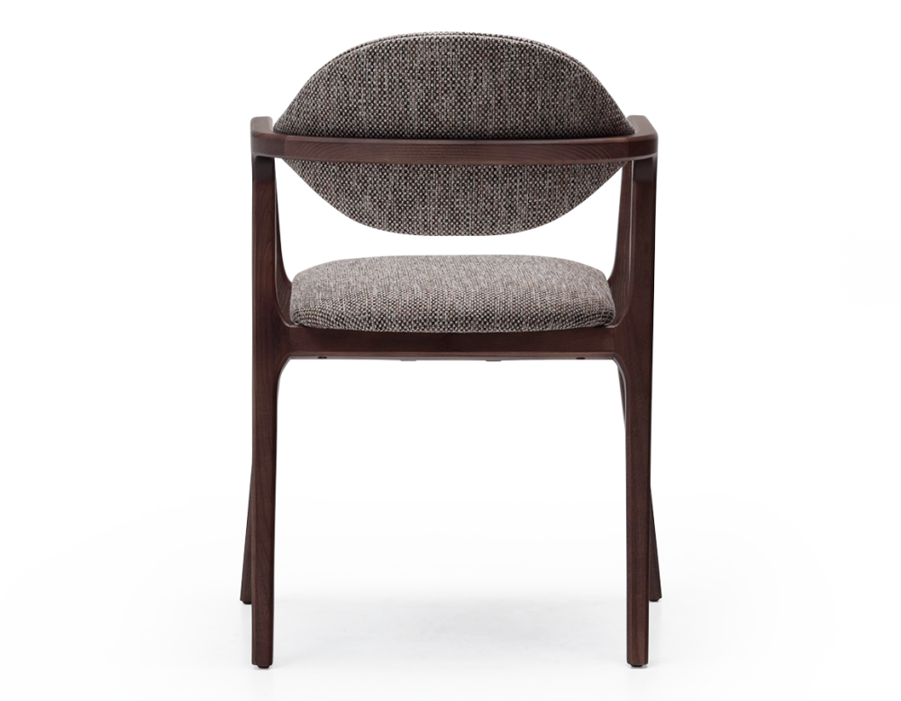 Chaise design avec accoudoirs bois teinte foncée et tissu chiné marron Chaise design avec accoudoirs bois teinte foncée et tissu chiné marron