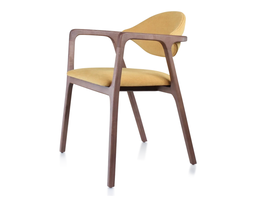 Chaise design avec accoudoirs bois teinte noyer et tissu jaune