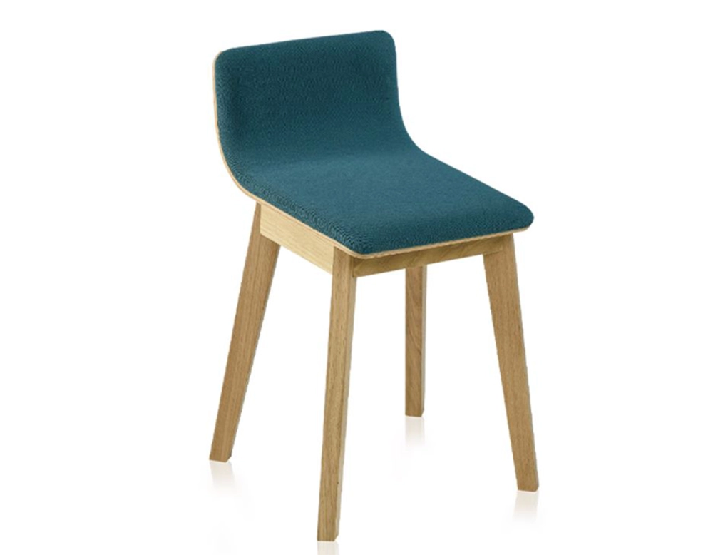 Upholstered oak stool H45 cm natural stained wood, ocean blue fabric seat