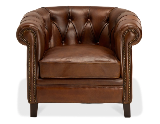 Fauteuil chesterfield cuir marron vintage accoudoirs cloutés