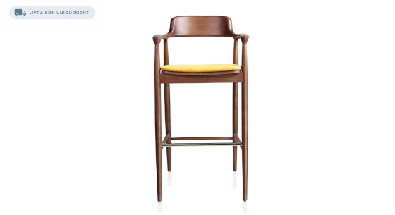 Tabouret de bar h80 cm bois teinte noyer assise tissu jaune