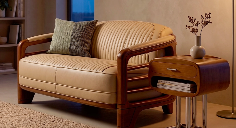 Canapé club bois et cuir 2 places beige