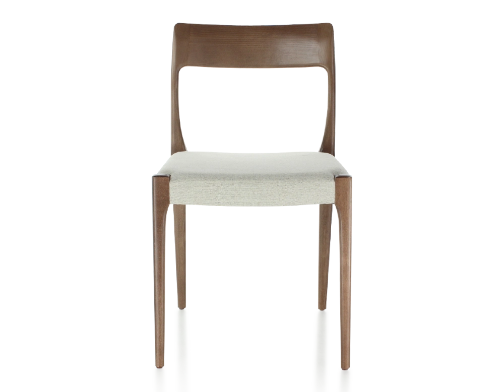 Chaise scandinave bois teinte marron foncé assise tissu beige naturel Chaise scandinave bois teinte marron foncé assise tissu beige naturel