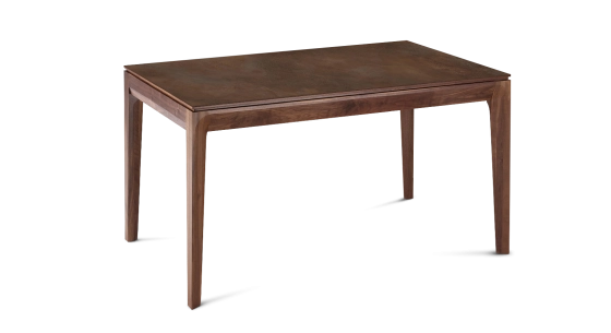 Table extensible 8 à 14 personnes en noyer et céramique allonges bois avec bois teinte naturelle et plateau céramique brun oxydé 210x100 cm