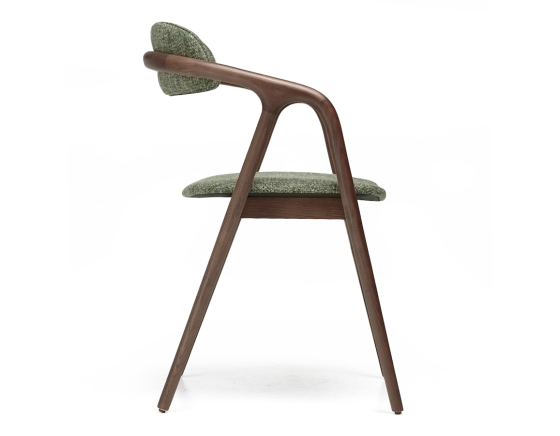 Scandinavian chair dark brown stained wood with a green mottled fabric seat.