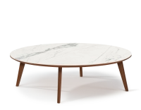 Round walnut and ceramic F1 coffee table wooden tray with a natural finish and a white marble-effect ceramic top m1. 90x90x40 cm