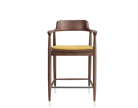 Tabouret de bar h60 cm bois teinte noyer assise tissu jaune