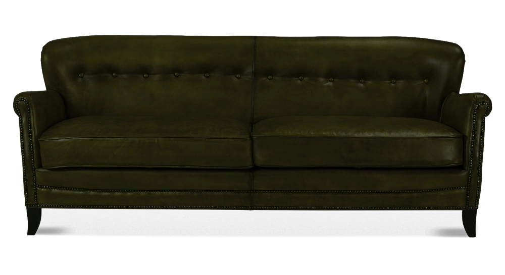 Canapé club cuir 3 places vert olive accoudoirs cloutés Canapé club cuir 3 places vert olive accoudoirs cloutés