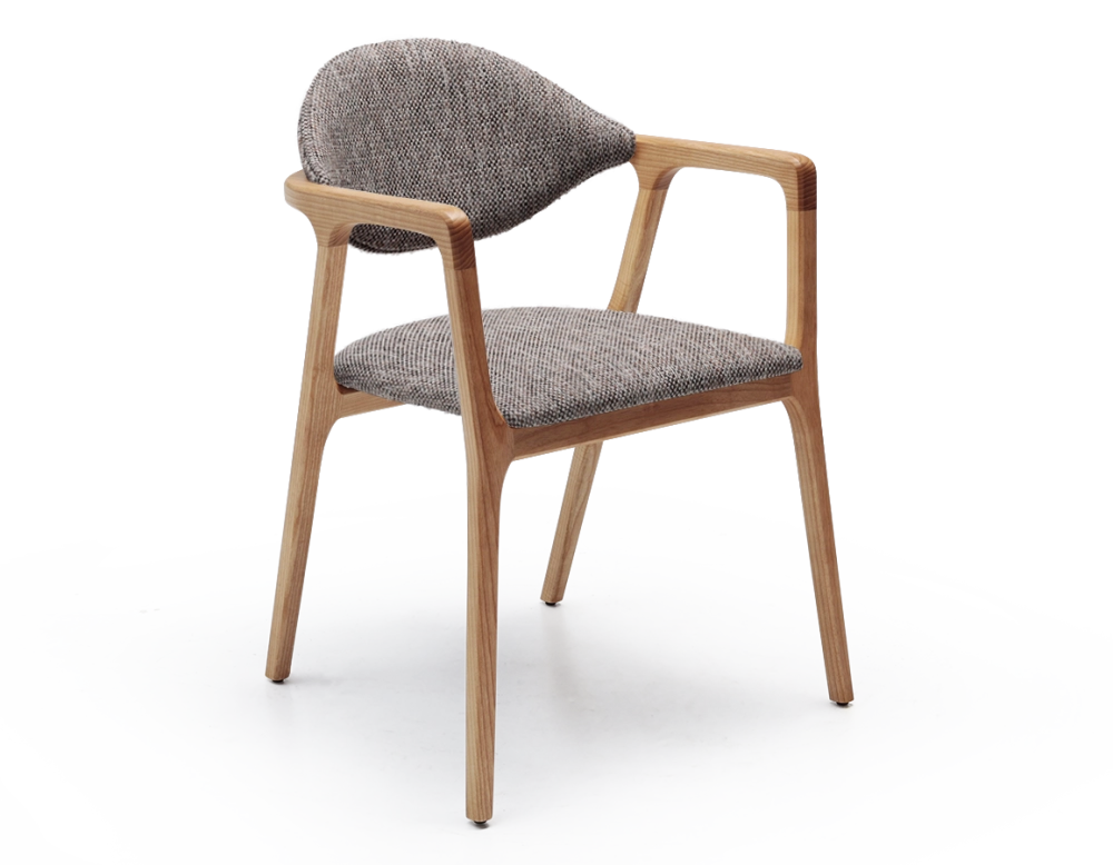 Designer armchair natural wood finish and brown mottled fabric Designer armchair natural wood finish and brown mottled fabric