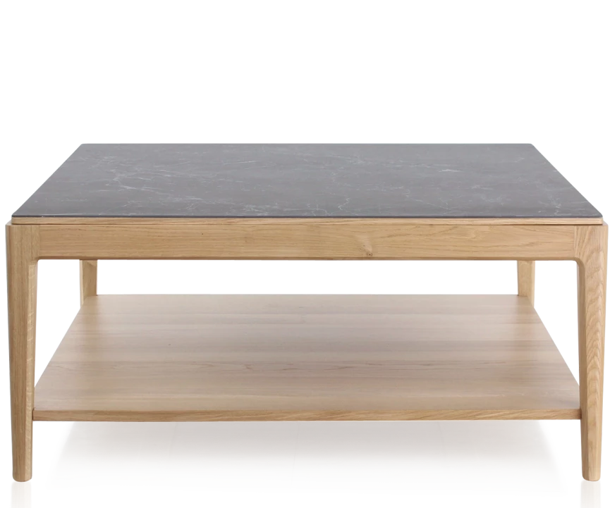 Table basse carrée en chêne et céramique avec tablette en bois teinte naturelle plateau céramique effet ardoise 100x100 cm