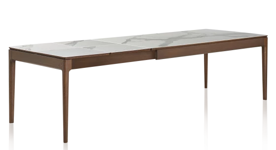 Table extensible en chêne et céramique 6 à 10 personnes allonges céramique avec bois teinte marron foncé et plateau et allonges céramique effet marbre blanc 140x90 cm