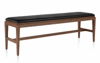 Bench design wood and fabric or leather bois teinte foncée assise cuir noir L120 cm