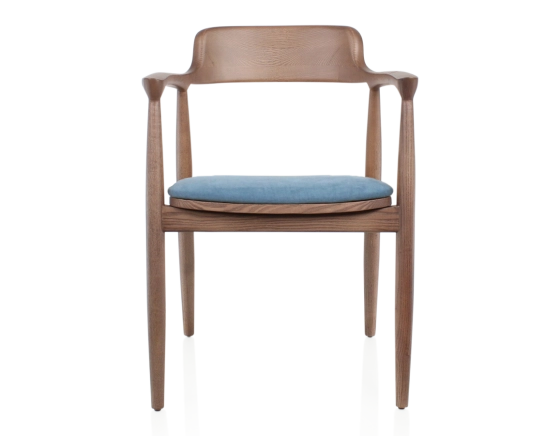 Scandinavian chair walnut-stained wood and denim fabric