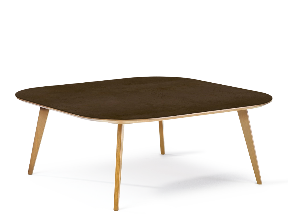 Square coffee table with rounded corners F2 in oak and ceramic wood natural finish with ceramic top in rust effect. 90x90x40 cm