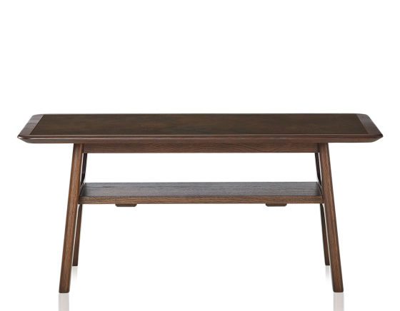 Table basse rectangulaire en chêne et céramique avec bois teinte marron foncé plateau céramique brun oxydé 100x50 cm