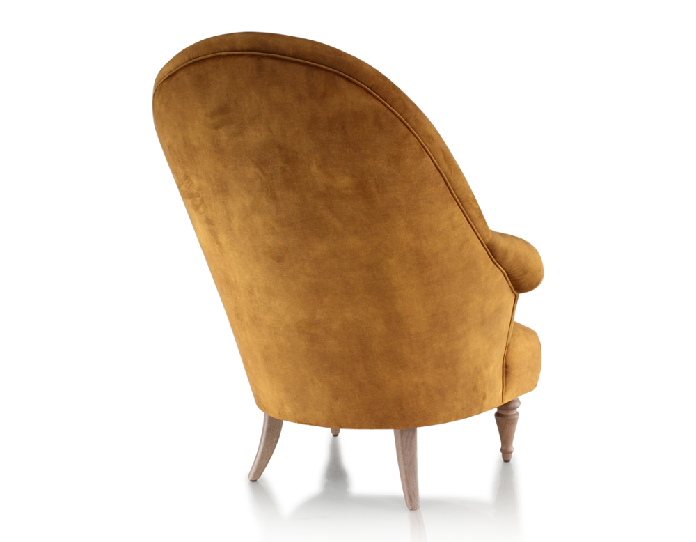 Fauteuil crapaud avec accoudoirs pieds bois teinte noyer et tissu velours bronze haut dossier Fauteuil crapaud avec accoudoirs pieds bois teinte noyer et tissu velours bronze haut dossier