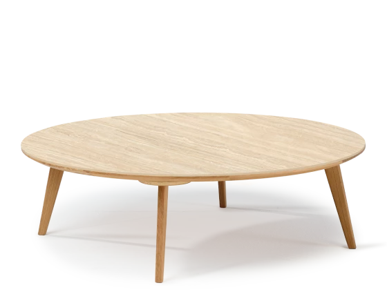 Table basse ronde F1 en chêne et céramique bois teinte naturelle plateau céramique effet pierre travertin 90x90x30 cm
