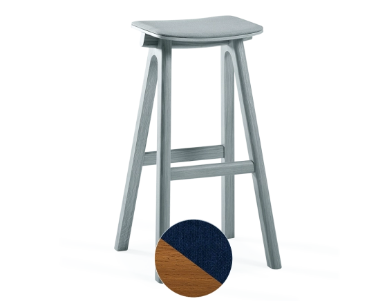 Tabouret de bar en chêne tapissé H80 cm bois teinte merisier assise tissu bleu marine