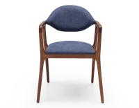 Chaise design avec accoudoirs bois teinte merisier et tissu bleu océan Chaise design avec accoudoirs bois teinte merisier et tissu bleu océan