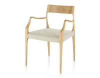 Scandinavian armchair with armrests natural wood stain camel fabric seat Scandinavian armchair with armrests natural wood stain camel fabric seat