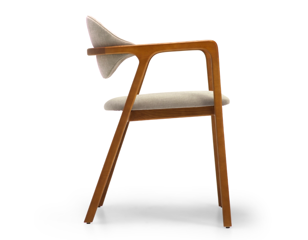 Designer armchair cherry wood stain and taupe fabric Designer armchair cherry wood stain and taupe fabric