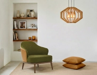 Fauteuil design cuir caramel et tissu bouclé vert