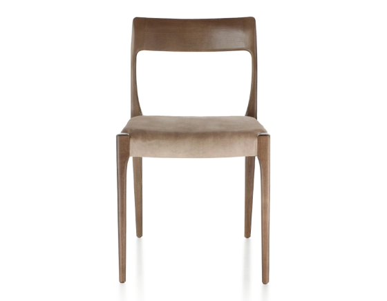 Scandinavian chair dark brown stained wood, light taupe velvet seat