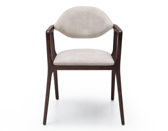 Designer armchair dark brown stained wood and sand velvet fabric.