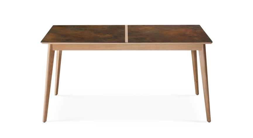Table salle à manger 6 personnes en chêne et céramique avec bois teinte naturelle et plateau céramique brun oxydé 140x90 cm