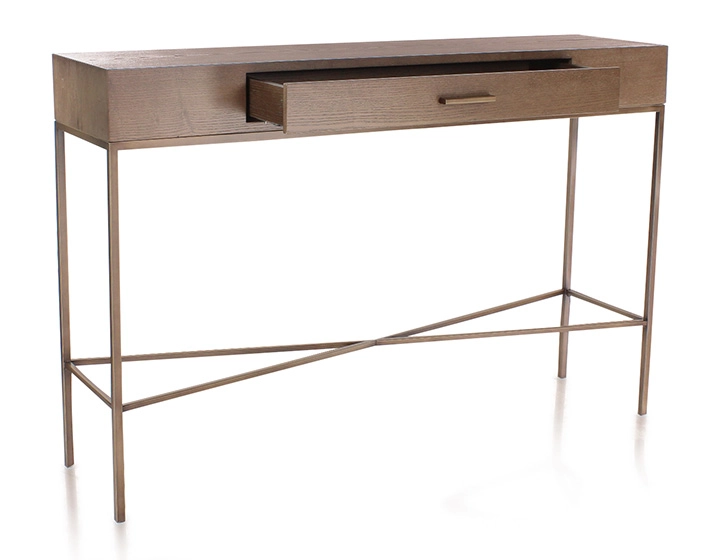 Console design frêne teinte noyer et métal patine laiton 100 cm Console design frêne teinte noyer et métal patine laiton 100 cm