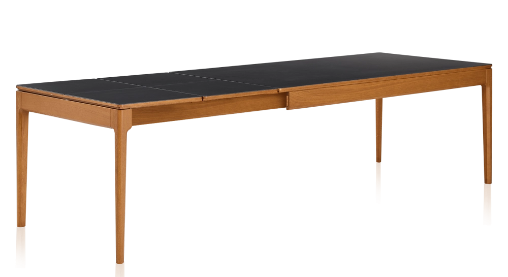 Table extensible 8 à 12 personnes en chêne et céramique allonges céramique avec bois teinte merisier et plateau et allonges céramique noire unie 180x100 cm