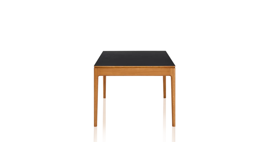 Table extensible en chêne et céramique allonges bois avec bois teinte merisier et plateau céramique noir unie 140x90 cm