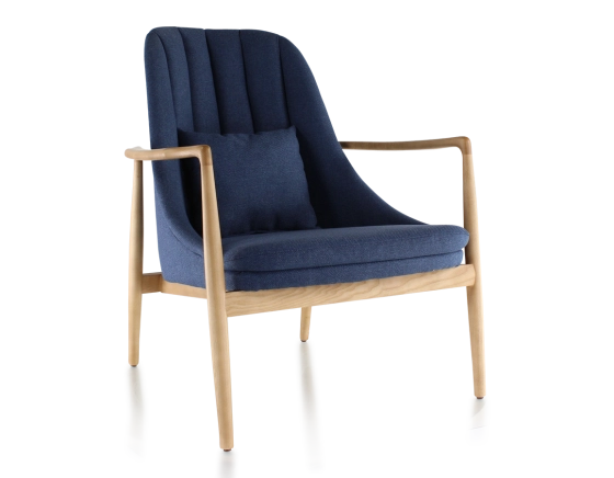 Fauteuil scandinave bois teinte naturelle et tissu bleu marine